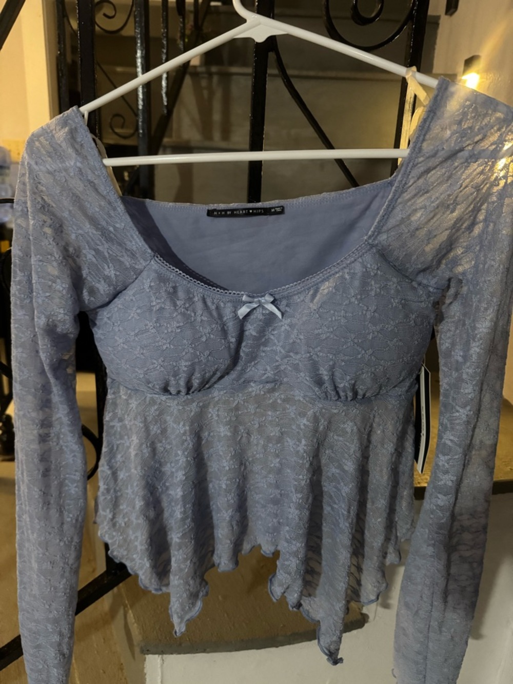 Heart & Hips Dusty Blue Lace Peplum Long-Sleeve Top